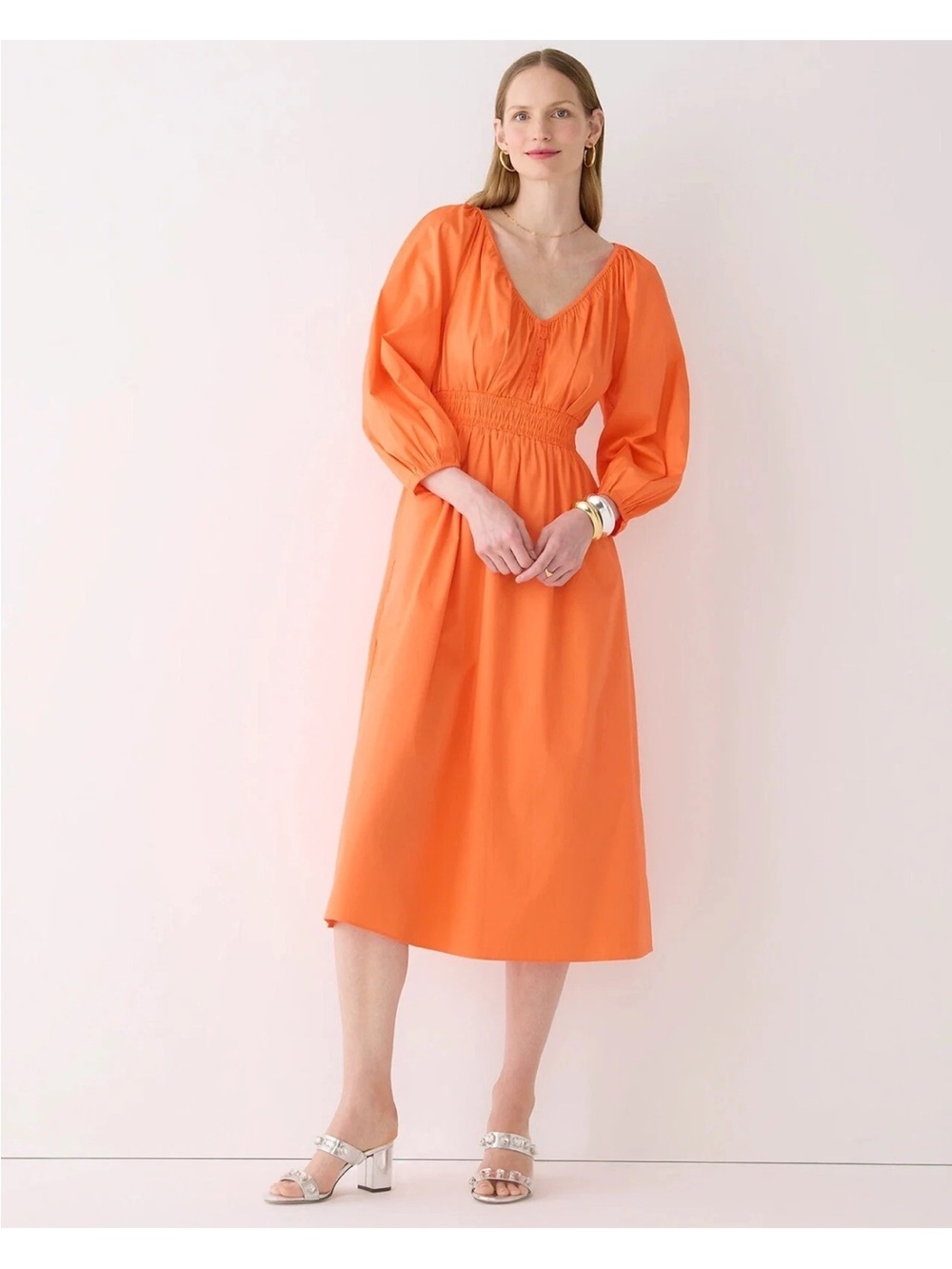 J. Crew Vibrant Orange V-Neck Smocked Waist Maxi Dress - Picture 2 of 7